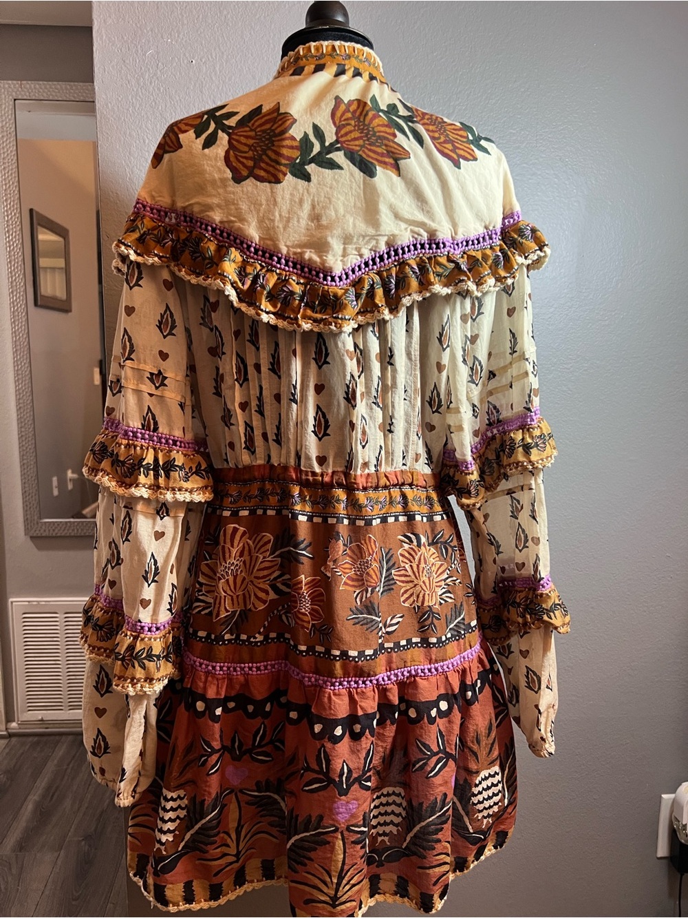 FARM Rio Cream and Brown Floral Tiered Mini Dress with Purple Accents - Picture 5 of 5